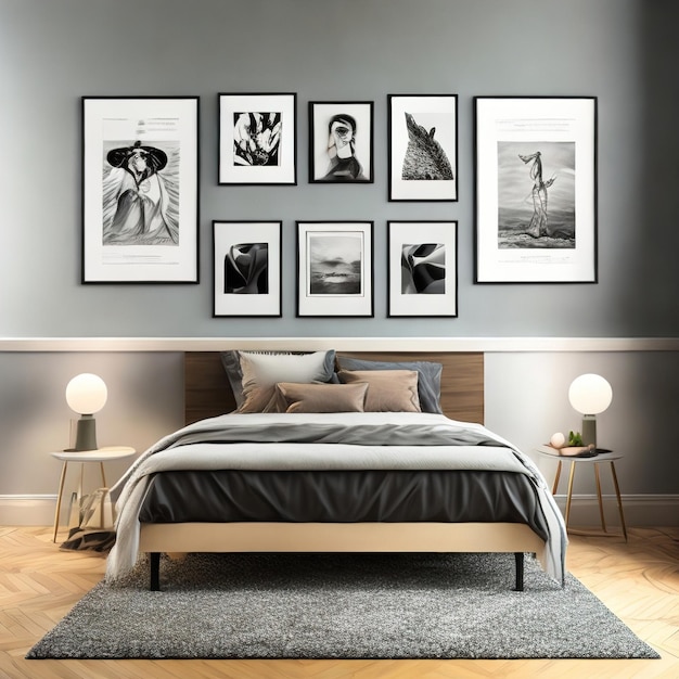 A bedroom with framed pictures on the wall and a bed with a grey blanket on it