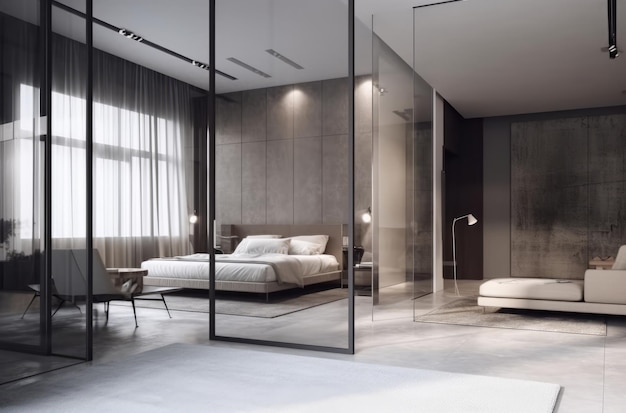 A bedroom with a glass wall and a bed with a pillow on it.