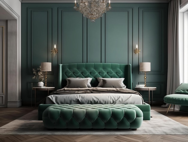 A bedroom with a green bed and a lamp on the wall.