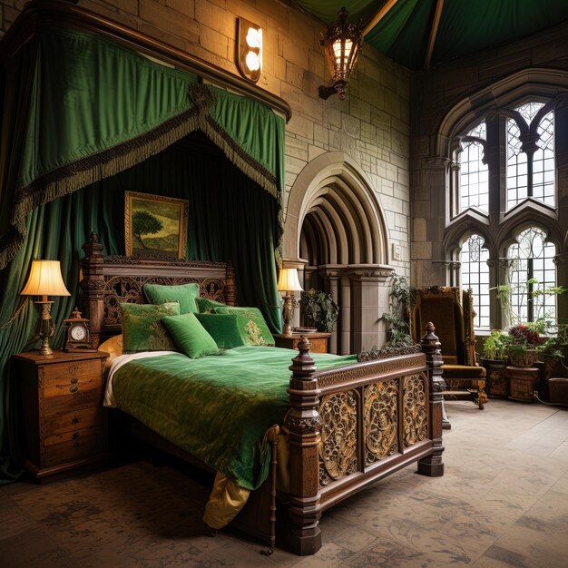 Photo a bedroom with a green canopy and a bed with a green canopy