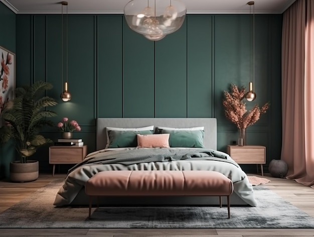 Спальня с зеленой стеной и кроватью с розово-зеленой подушкой на ней.