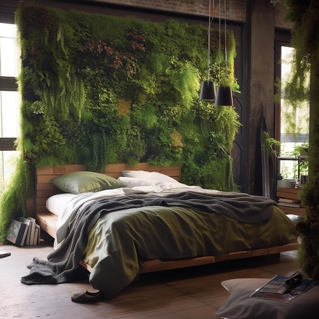 A bedroom with a green wall with a plant on it