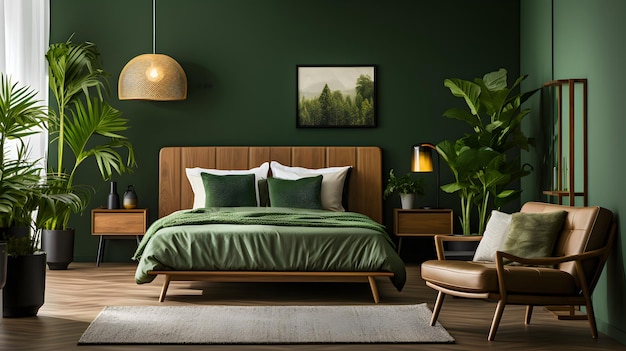 спальня с зелеными стенами и кроватью богемский интерьер мастер-спальня с лесной зеленой цветовой темой