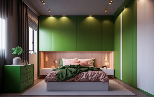 A bedroom with green walls and a bed with a white bed that says'i love you '