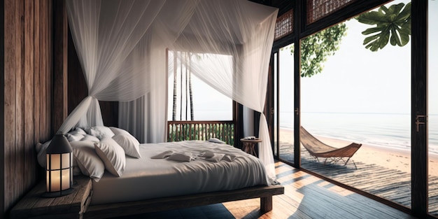 A bedroom with a hammock and a hammock.