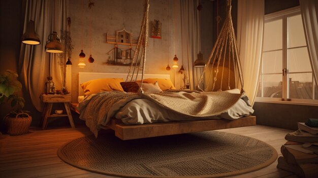 Спальня с подвесной кроватью и подвесным светильником