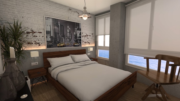 工業用ロフトスタイルのダブルベッドと海の景色を望む窓のあるベッドルーム
