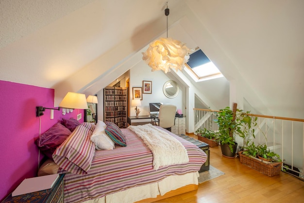 Bedroom with king size bed with cushions and pillows violet wall to match the duvet and sloping ceilings with skylights