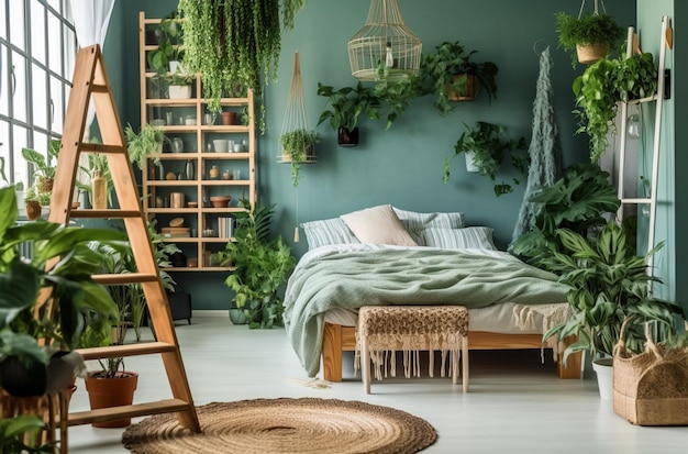 A bedroom with a ladder and plants on the wall.