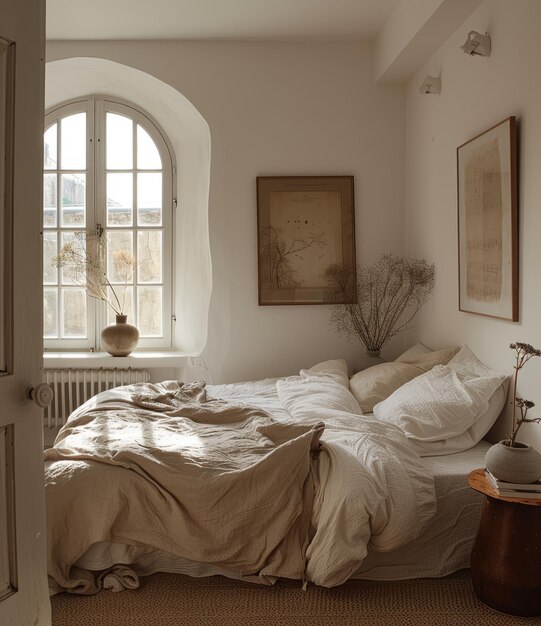 Photo a bedroom with a large arched window