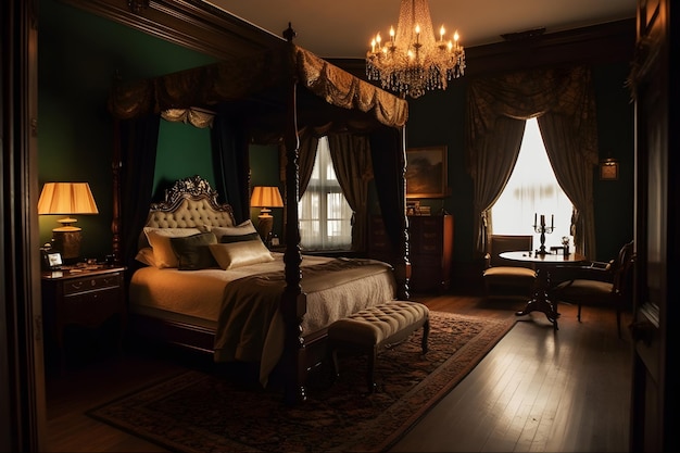 A bedroom with a large bed and a chandelier that says " the room is decorated ".