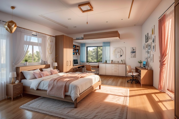 A bedroom with a large bed and a desk with a bookcase on it.