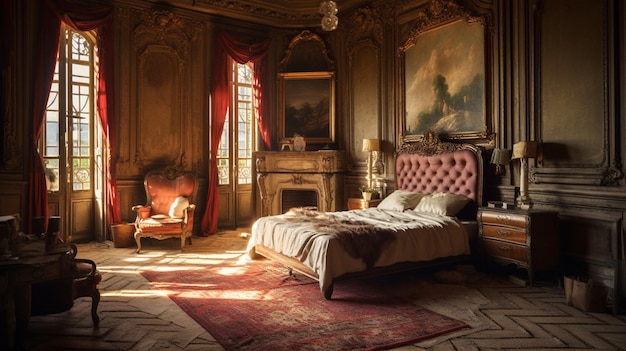 A bedroom with a large bed and a fireplace