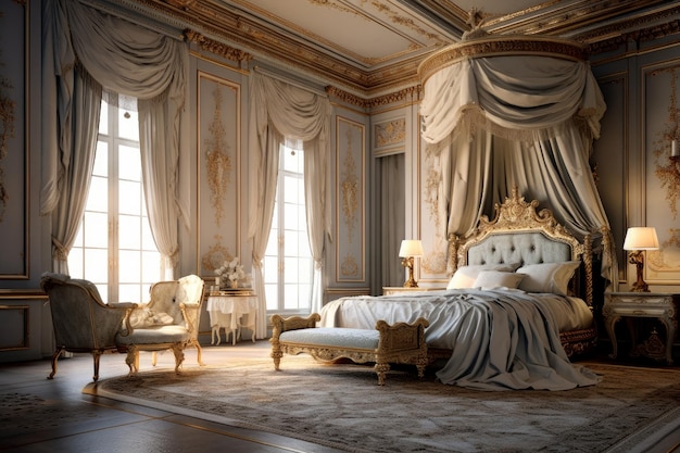 A bedroom with a large bed and a large window