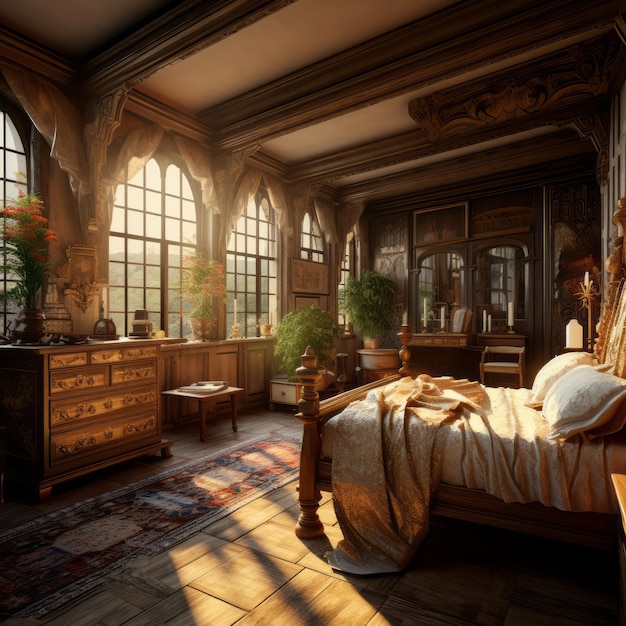 a bedroom with a large bed and lots of windows