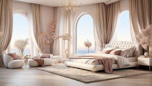 大きなベッド鏡海の景色のある寝室