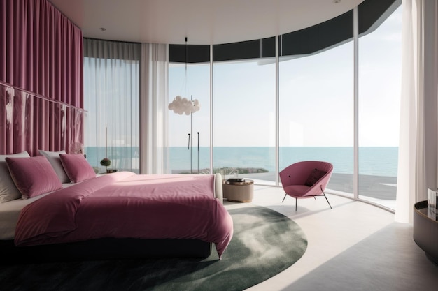 A bedroom with a large bed and a pink chair Generative AI image