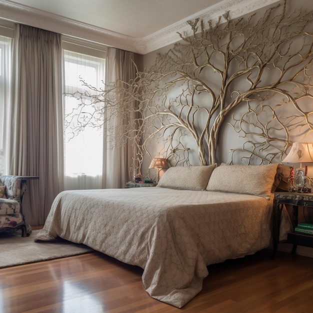 A bedroom with a large bed and a wallpaper with a tree on it.