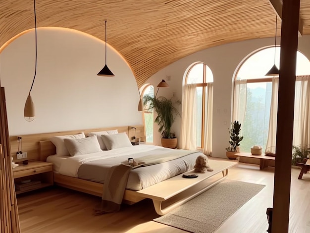 Спальня с большой кроватью и деревянным потолком со светом.