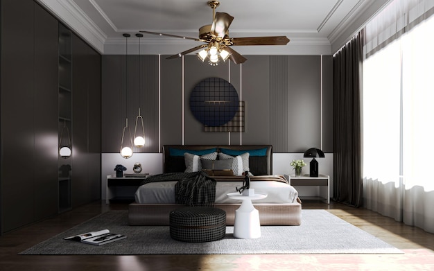 A bedroom with a large ceiling fan and a large mirror.