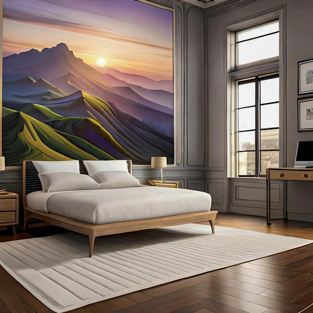 A bedroom with a large mural of mountains and a mountain scene.