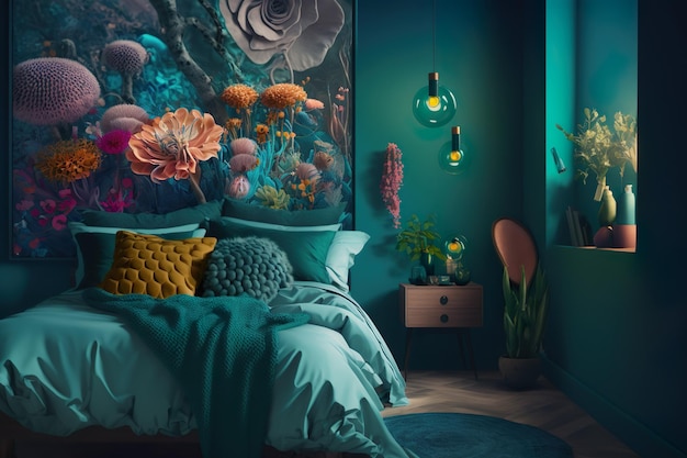 A bedroom with a large painting on the wall that says'the room is blue '