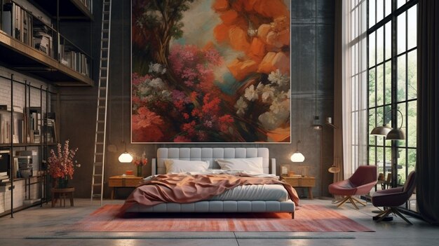 壁に大きな絵が飾られた寝室