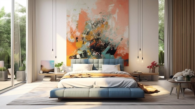 A bedroom with a large painting on the wall
