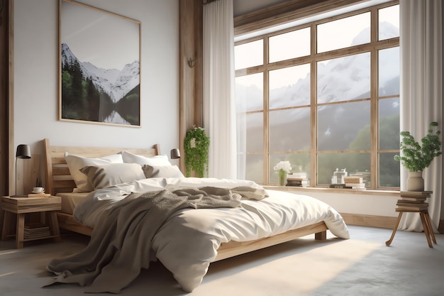 A bedroom with a large picture of a mountain landscape in the background