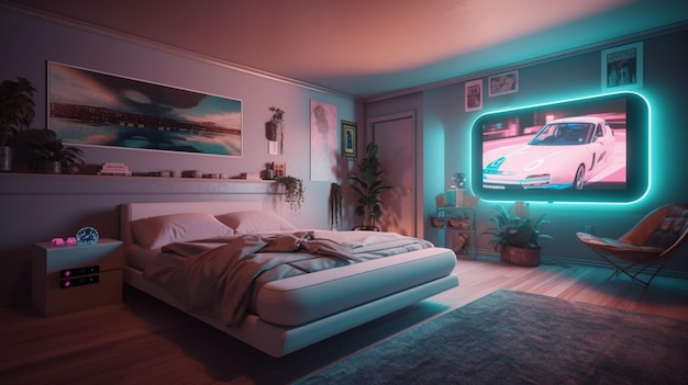 A bedroom with a large tv and a bed with a blue light on it.