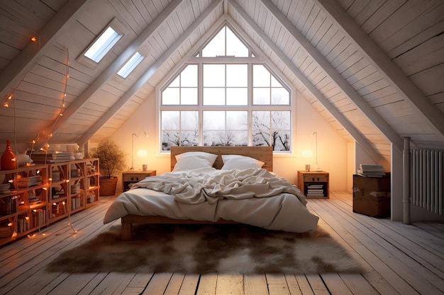 A bedroom with a large window and a bed with a blanket on it.