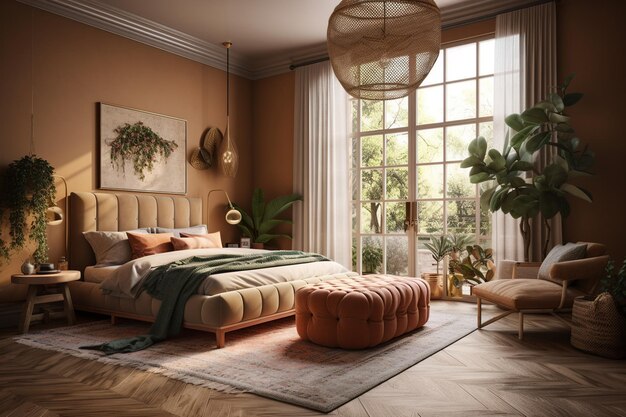 A bedroom with a large window and a bed with a cushion on it.