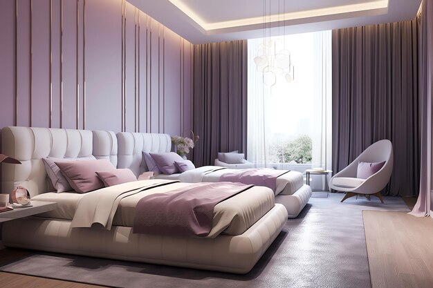 큰 창문이 있는 침실과 보라색 커튼이 달린 침대.
