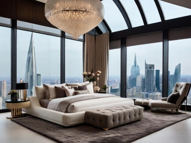 a bedroom with a large window and a large window with the city skyline in the background