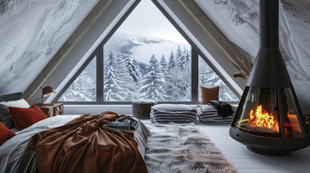 Photo a bedroom with a large window and a large window with a snow covered forest in the background