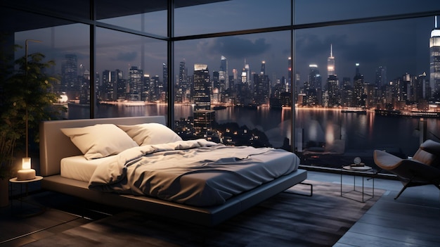 a bedroom with a large window overlooking a city