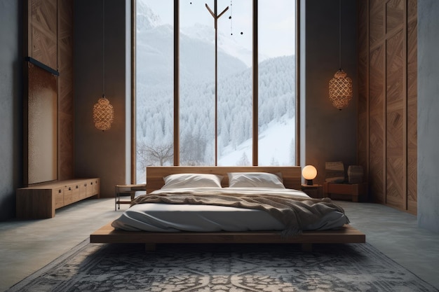 A bedroom with a large window overlooking a snowy mountain