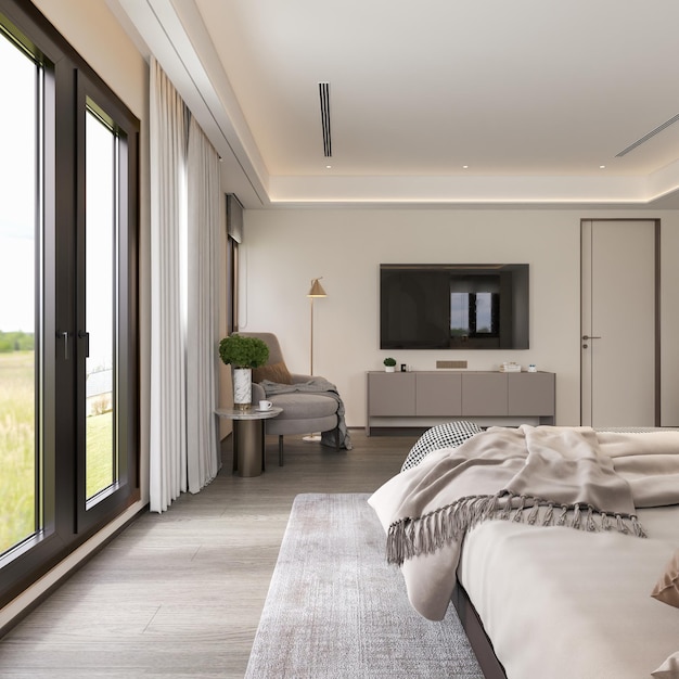 A bedroom with a large window that has a door that says " the word " on it.