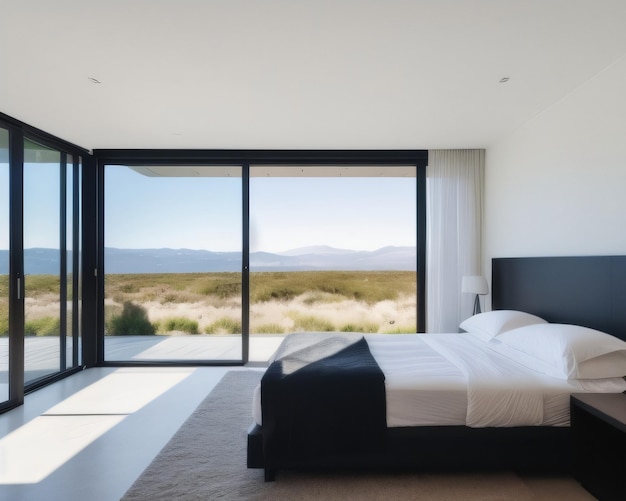 A bedroom with a large window that has a mountain view in the background.