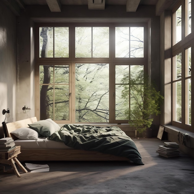 A bedroom with a large window that has a plant on it.