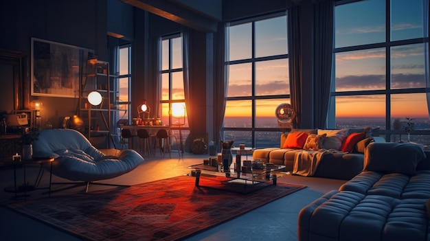 A bedroom with a large window that has a sunset in the background