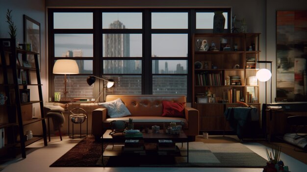 A bedroom with a large window that has a sunset in the background