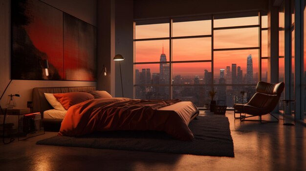 A bedroom with a large window that has a sunset in the background