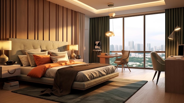 A bedroom with a large window that has a view of the city.