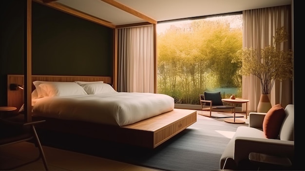 A bedroom with a large window that has a view of the forest.