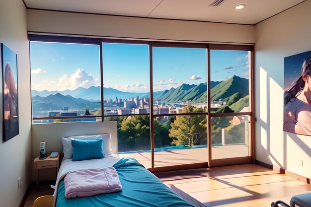 A bedroom with a large window that has a view of the mountains in the distance.