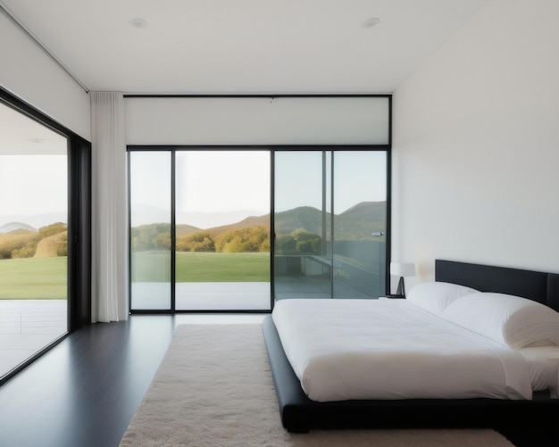 A bedroom with a large window that has a view of the mountains.