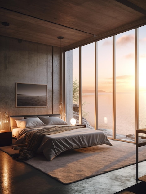 A bedroom with a large window that has a view of the ocean.