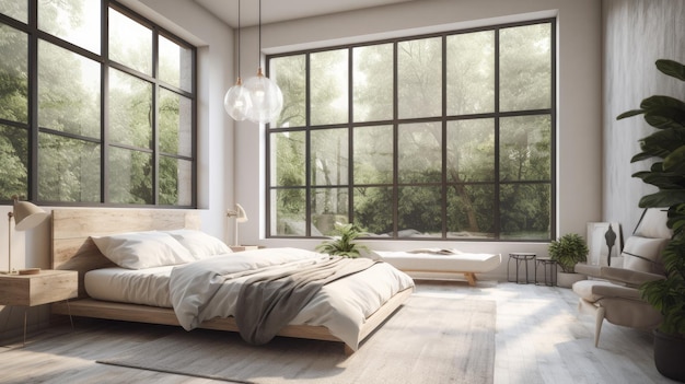 A bedroom with a large window that has a view of the trees outside.