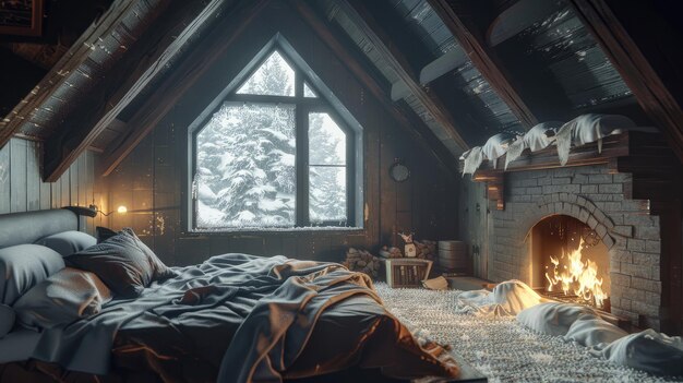 森の景色がある大きな窓のある寝室